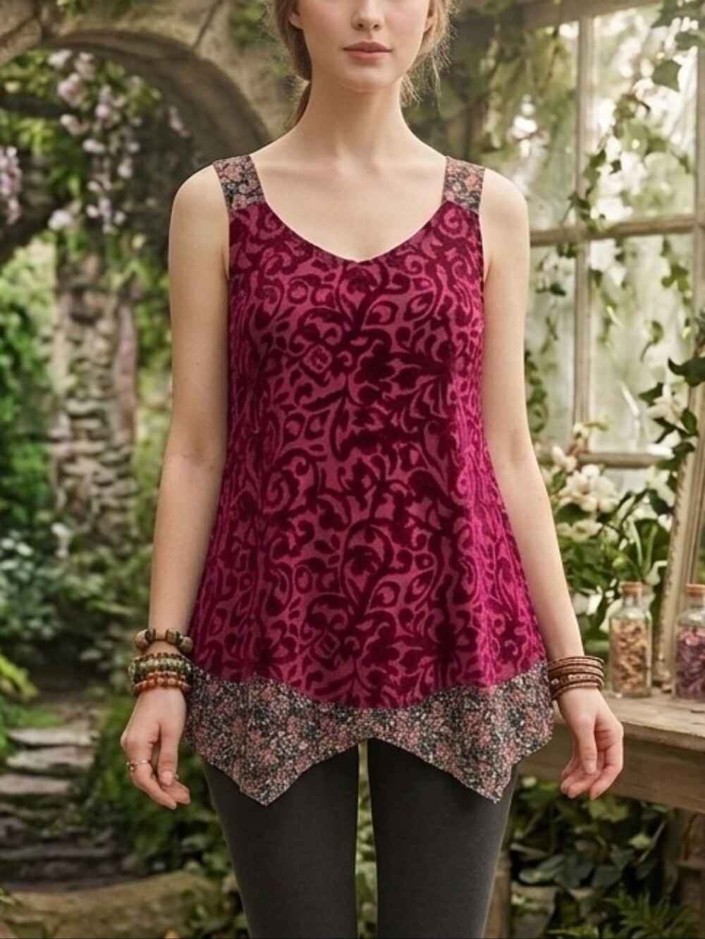 Burgundy Wine Sheer Velvet Burnout Asyemmetric Oversize Tank Beaded Straps & Hem